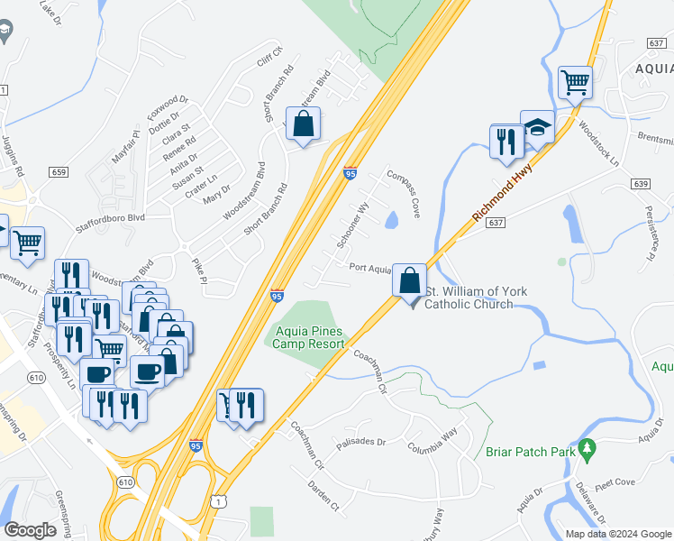 map of restaurants, bars, coffee shops, grocery stores, and more near 103 Oyster Bay Cove in Stafford