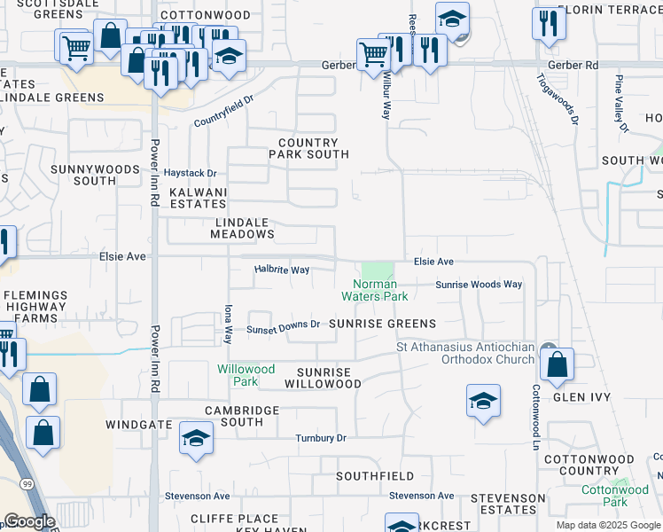 map of restaurants, bars, coffee shops, grocery stores, and more near 7835 Shellbrook Court in Sacramento