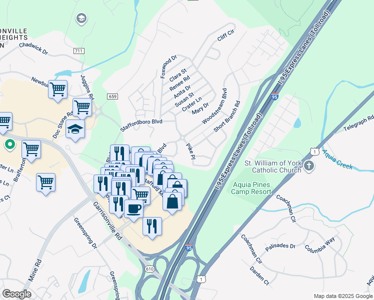 map of restaurants, bars, coffee shops, grocery stores, and more near 38 Pike Place in Stafford