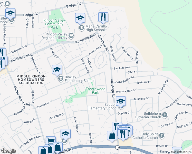 map of restaurants, bars, coffee shops, grocery stores, and more near 541 Emerald Park Court in Santa Rosa
