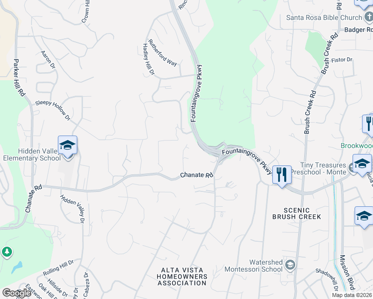 map of restaurants, bars, coffee shops, grocery stores, and more near 3990 Chanate Road in Santa Rosa