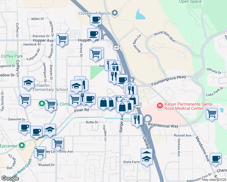 map of restaurants, bars, coffee shops, grocery stores, and more near 3126 Loretta Way in Santa Rosa