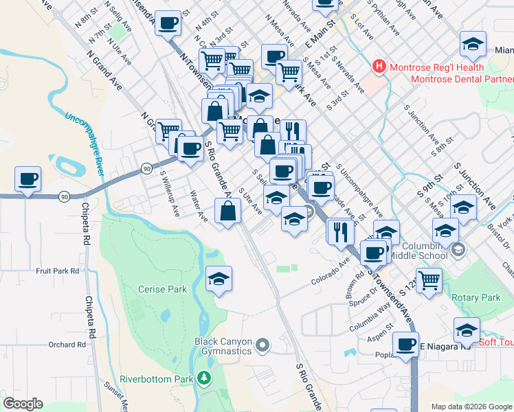map of restaurants, bars, coffee shops, grocery stores, and more near 425 South Ute Avenue in Montrose
