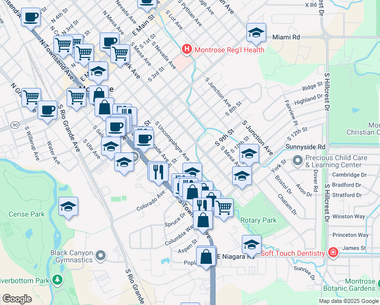 map of restaurants, bars, coffee shops, grocery stores, and more near 800 South Uncompahgre Avenue in Montrose