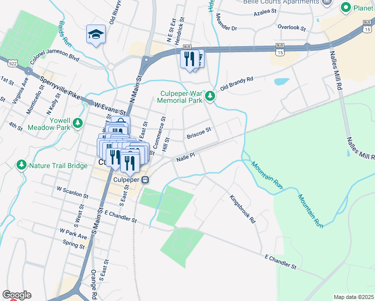 map of restaurants, bars, coffee shops, grocery stores, and more near 602 East Fairfax Street in Culpeper