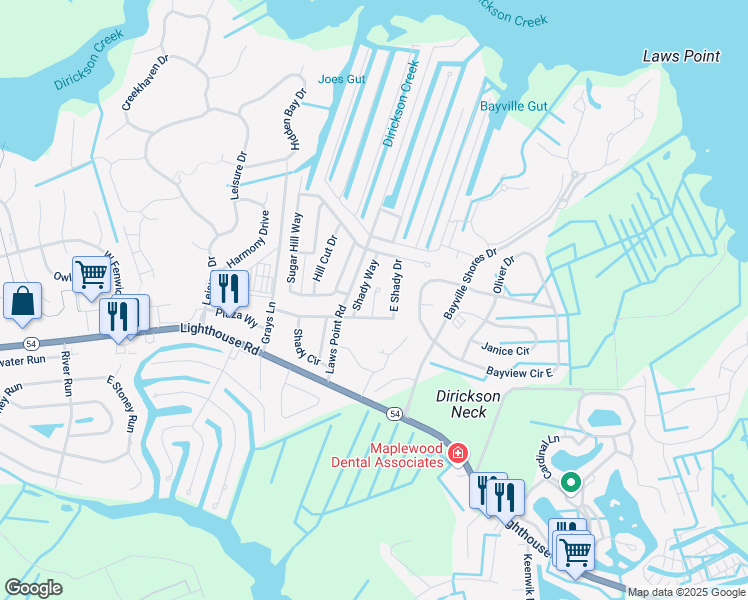 map of restaurants, bars, coffee shops, grocery stores, and more near 37662 East Shady Drive in Selbyville