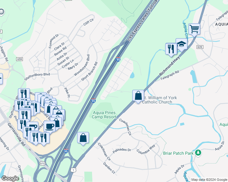 map of restaurants, bars, coffee shops, grocery stores, and more near 105 Oyster Bay Cove in Stafford