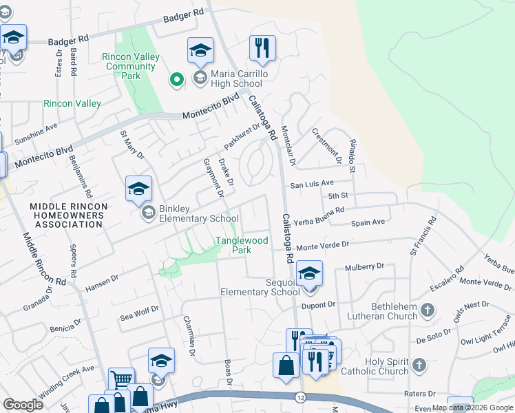 map of restaurants, bars, coffee shops, grocery stores, and more near 526 Emerald Park Court in Santa Rosa