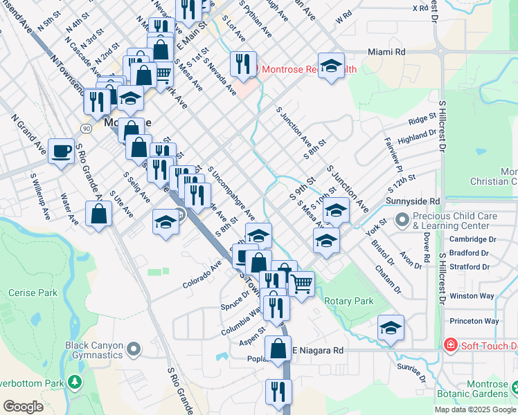 map of restaurants, bars, coffee shops, grocery stores, and more near 800 South Uncompahgre Avenue in Montrose
