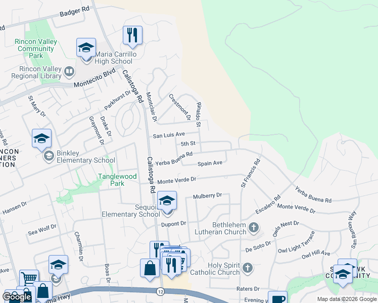 map of restaurants, bars, coffee shops, grocery stores, and more near 5329 Spain Avenue in Santa Rosa