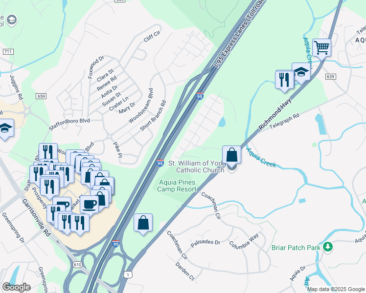 map of restaurants, bars, coffee shops, grocery stores, and more near 104 Sandpiper Terrace in Stafford