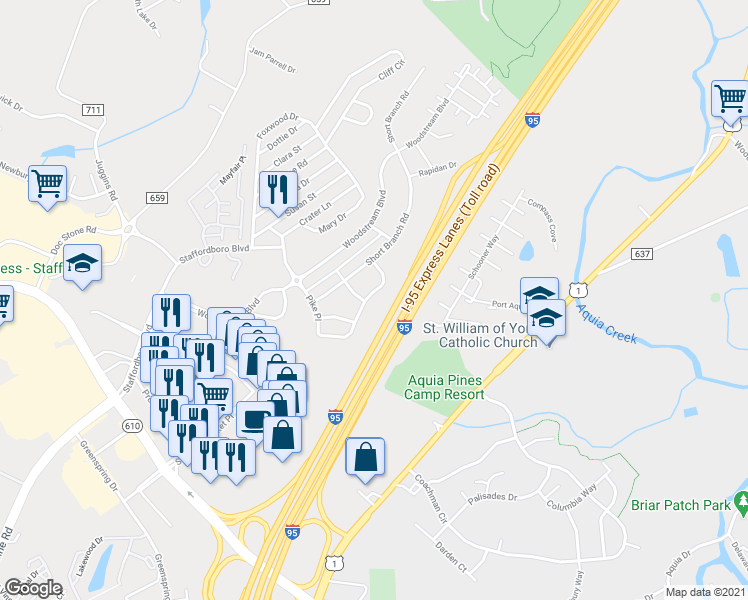 map of restaurants, bars, coffee shops, grocery stores, and more near 74 Hunting Creek Lane in Stafford