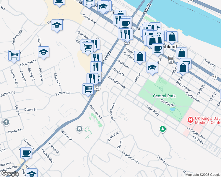 map of restaurants, bars, coffee shops, grocery stores, and more near 1500 Chestnut Drive in Ashland