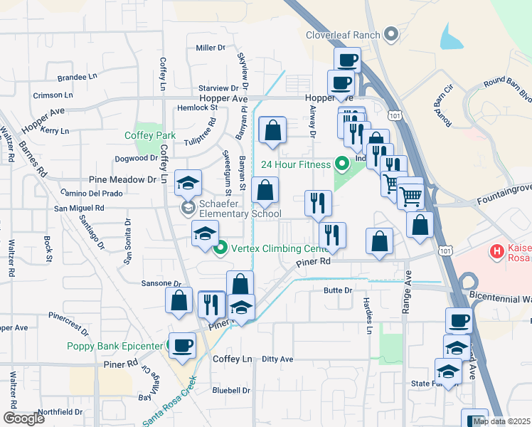 map of restaurants, bars, coffee shops, grocery stores, and more near 3311 Industrial Drive in Santa Rosa