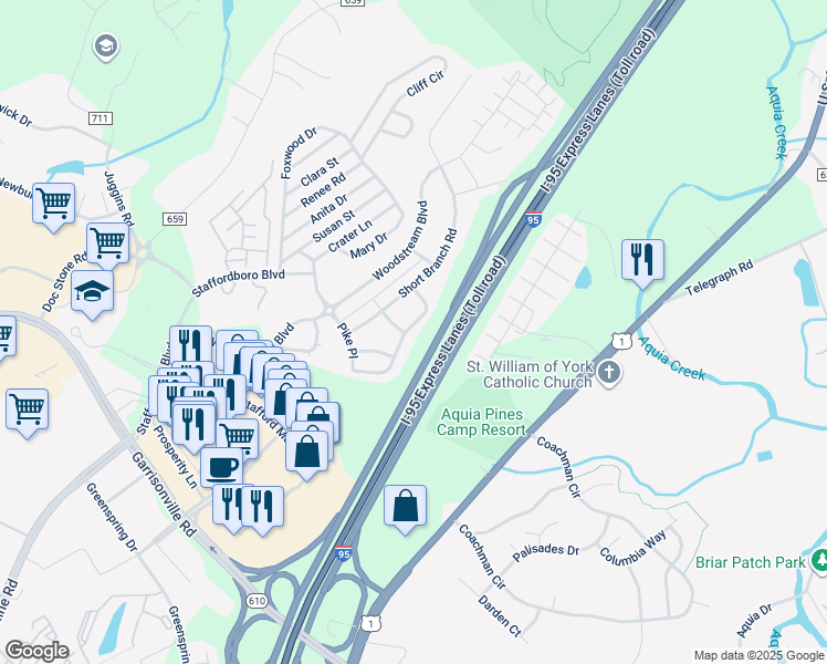 map of restaurants, bars, coffee shops, grocery stores, and more near 74 Hunting Creek Lane in Stafford
