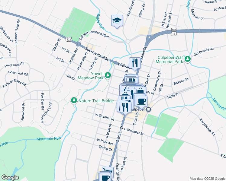map of restaurants, bars, coffee shops, grocery stores, and more near 109 Nelson Alley in Culpeper