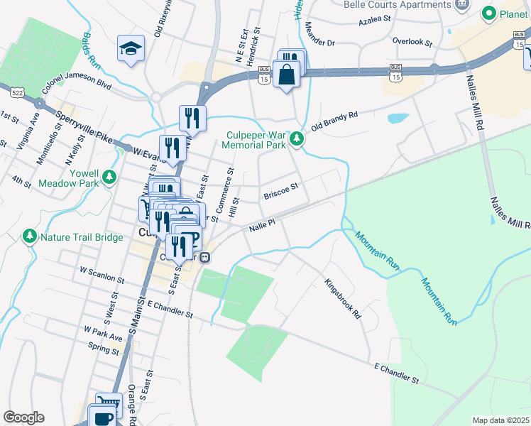 map of restaurants, bars, coffee shops, grocery stores, and more near 602 East Fairfax Street in Culpeper