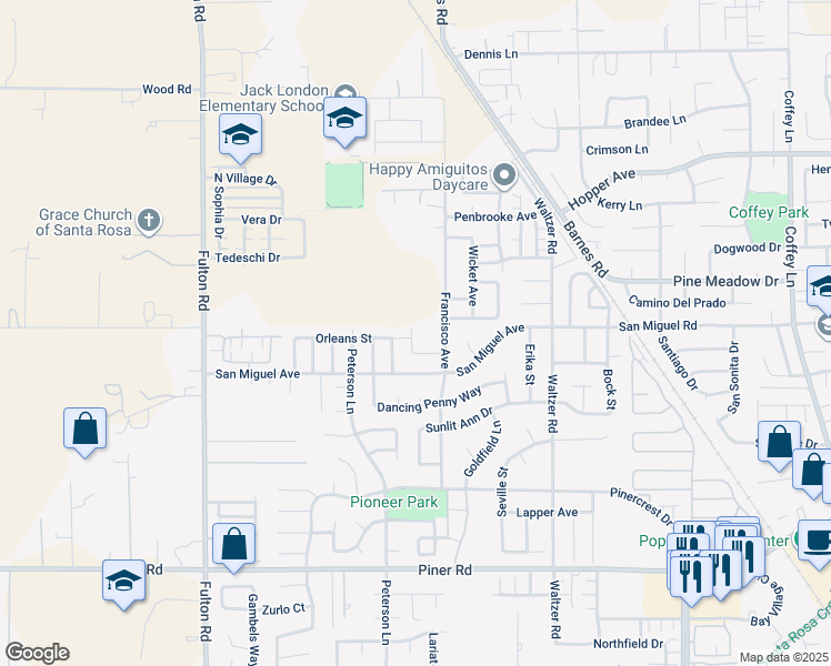 map of restaurants, bars, coffee shops, grocery stores, and more near 2191 Francisco Avenue in Santa Rosa