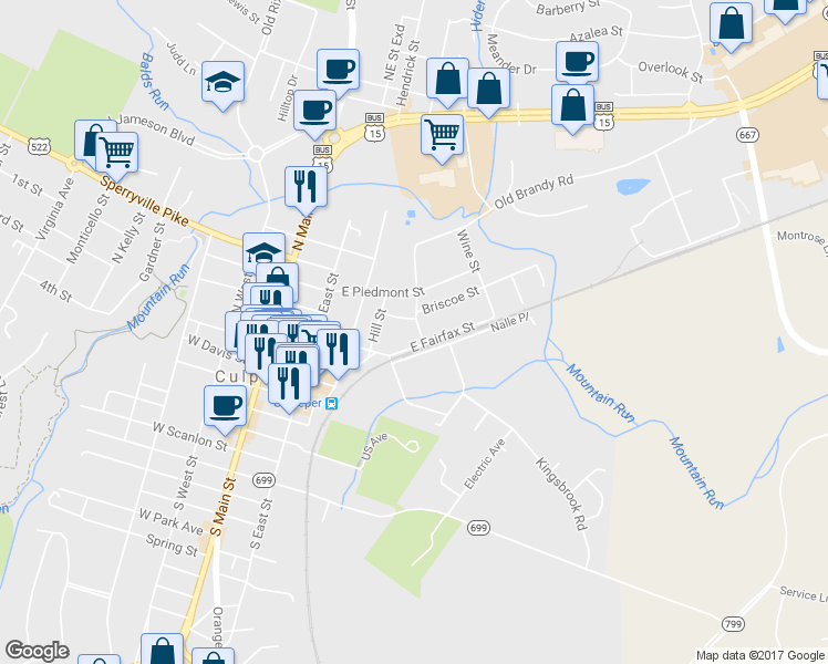 map of restaurants, bars, coffee shops, grocery stores, and more near 406 Clay Street in Culpeper