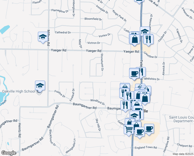 map of restaurants, bars, coffee shops, grocery stores, and more near 5491 Bradbury Drive in St. Louis