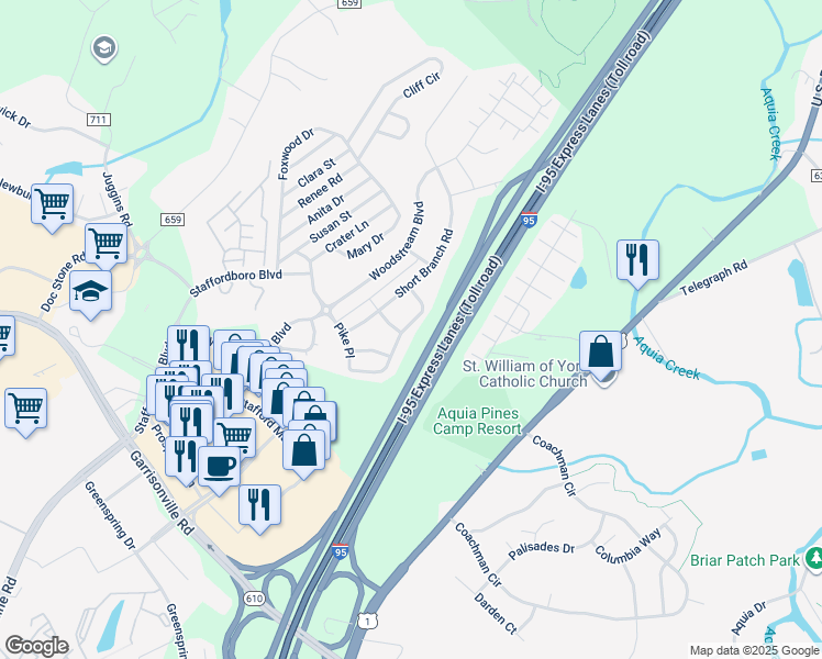 map of restaurants, bars, coffee shops, grocery stores, and more near 72 Hunting Creek Lane in Stafford