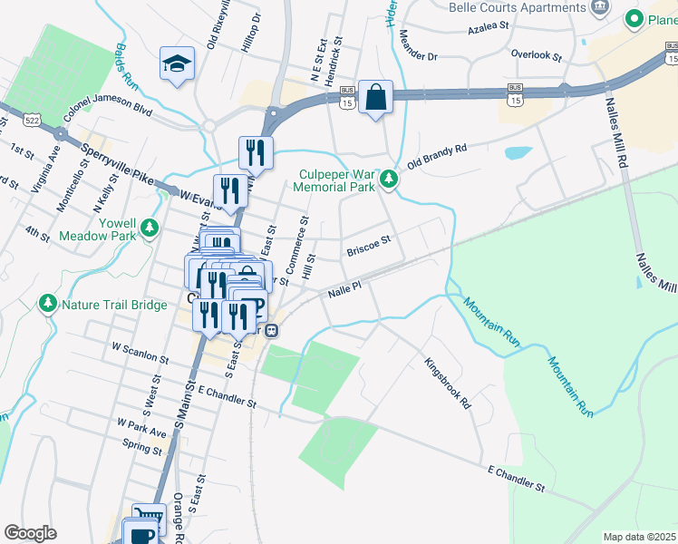 map of restaurants, bars, coffee shops, grocery stores, and more near 406 Clay Street in Culpeper