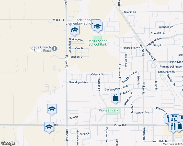 map of restaurants, bars, coffee shops, grocery stores, and more near 2317 Orleans Street in Santa Rosa