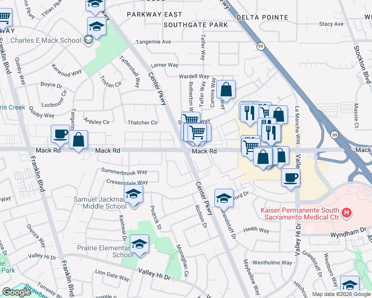 map of restaurants, bars, coffee shops, grocery stores, and more near Center Pkwy & Mack Rd in Sacramento