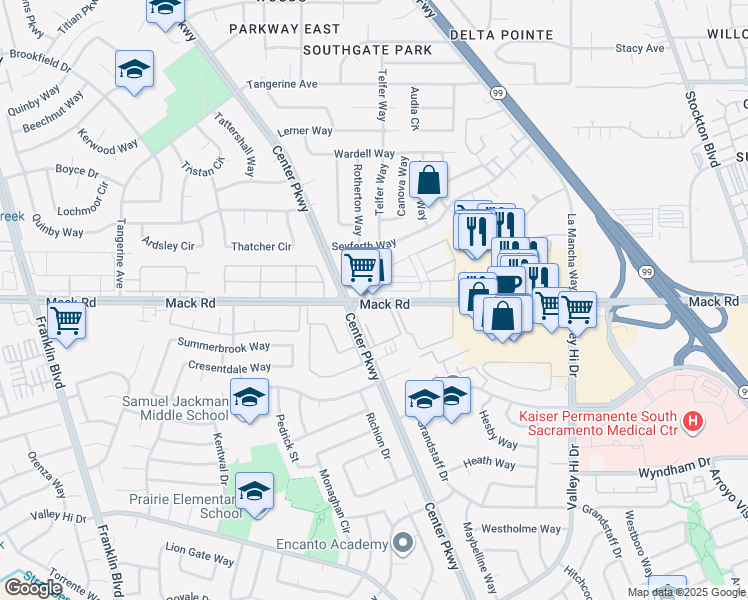 map of restaurants, bars, coffee shops, grocery stores, and more near 5633 Mack Road in Sacramento