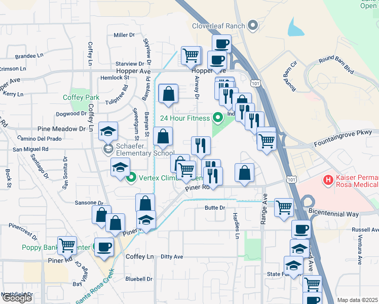 map of restaurants, bars, coffee shops, grocery stores, and more near 3383 Airway Drive in Santa Rosa