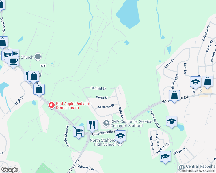 map of restaurants, bars, coffee shops, grocery stores, and more near 29 Garfield Street in Stafford