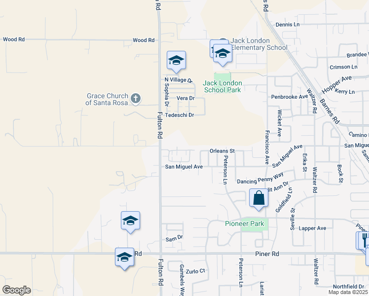 map of restaurants, bars, coffee shops, grocery stores, and more near 2423 Orleans Street in Santa Rosa