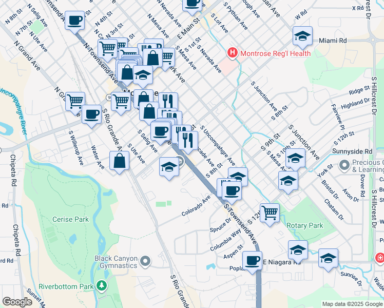 map of restaurants, bars, coffee shops, grocery stores, and more near 320 South 6th Street in Montrose