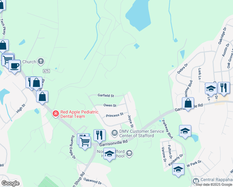 map of restaurants, bars, coffee shops, grocery stores, and more near 29 Garfield Street in Stafford
