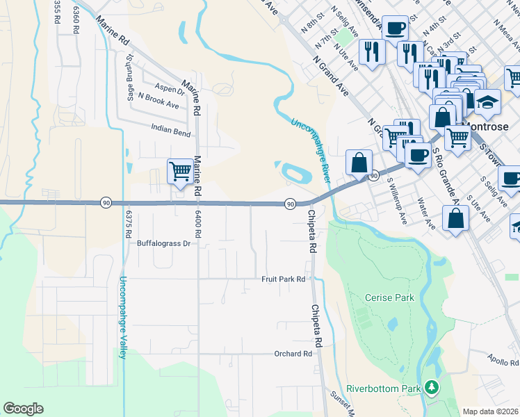 map of restaurants, bars, coffee shops, grocery stores, and more near 755 Spring Creek Road in Montrose
