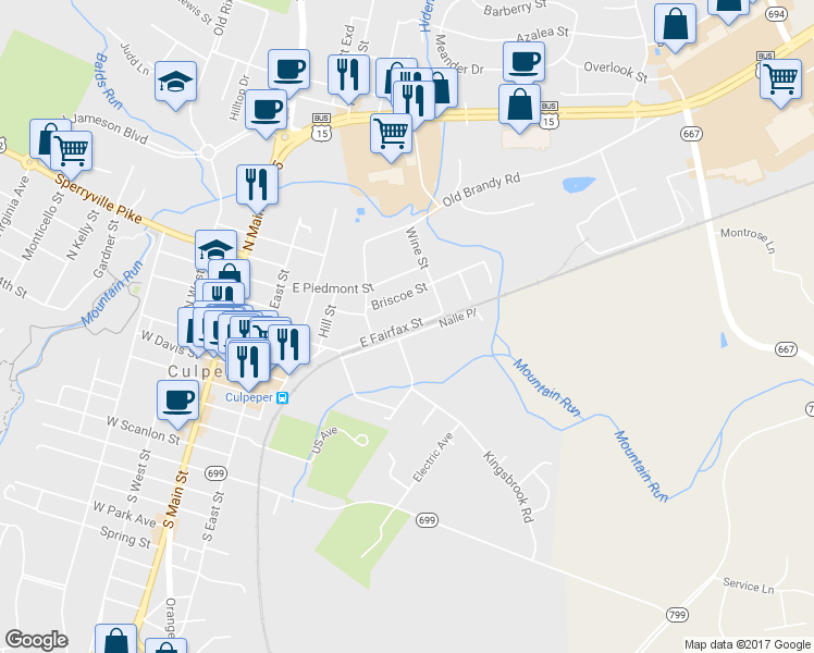 map of restaurants, bars, coffee shops, grocery stores, and more near 706 East Fairfax Street in Culpeper