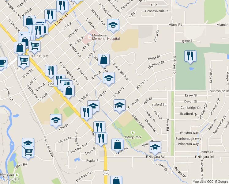 map of restaurants, bars, coffee shops, grocery stores, and more near 701 South 10th Street in Montrose