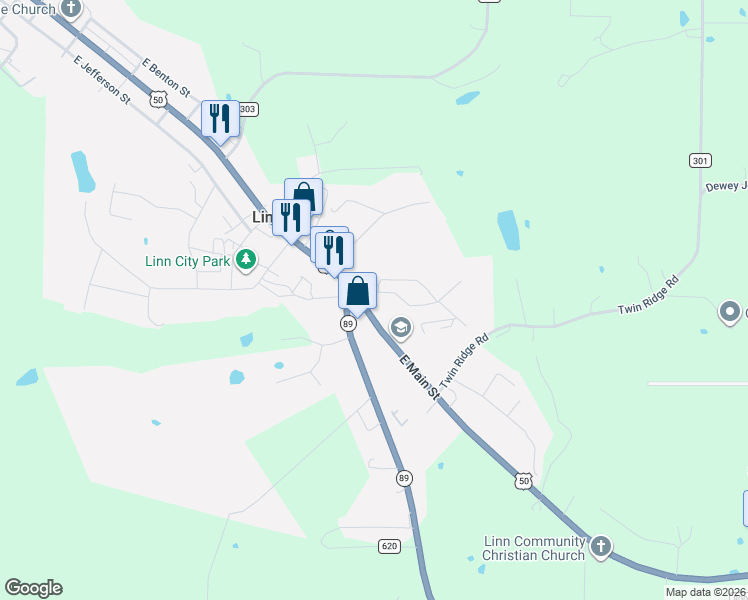 map of restaurants, bars, coffee shops, grocery stores, and more near 103 North Linnwood Drive in Linn