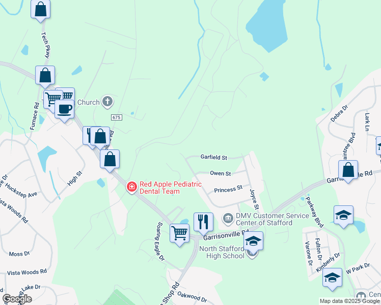 map of restaurants, bars, coffee shops, grocery stores, and more near 3 Garfield Street in Stafford