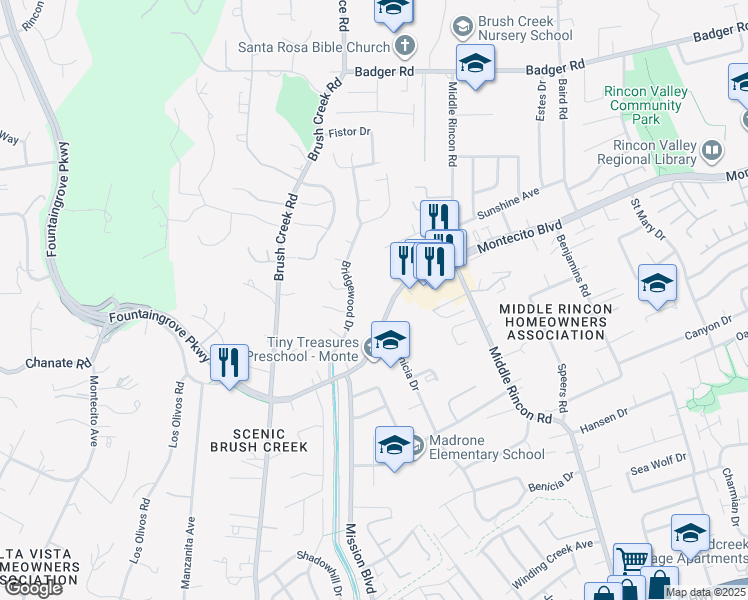 map of restaurants, bars, coffee shops, grocery stores, and more near 6342 Bridgewood Drive in Santa Rosa