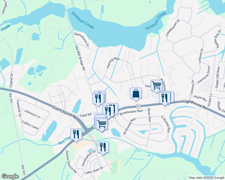 map of restaurants, bars, coffee shops, grocery stores, and more near 37203 West Fenwick Boulevard in Selbyville