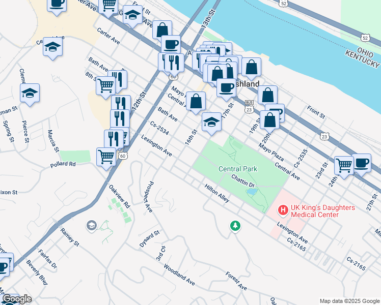 map of restaurants, bars, coffee shops, grocery stores, and more near 1520 Montgomery Avenue in Ashland
