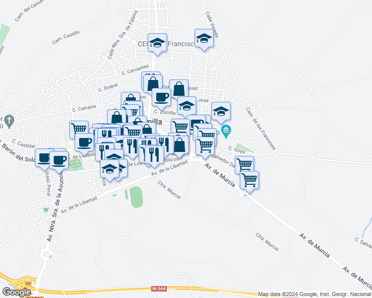 map of restaurants, bars, coffee shops, grocery stores, and more near 29 Avenida de Murcia in Jumilla