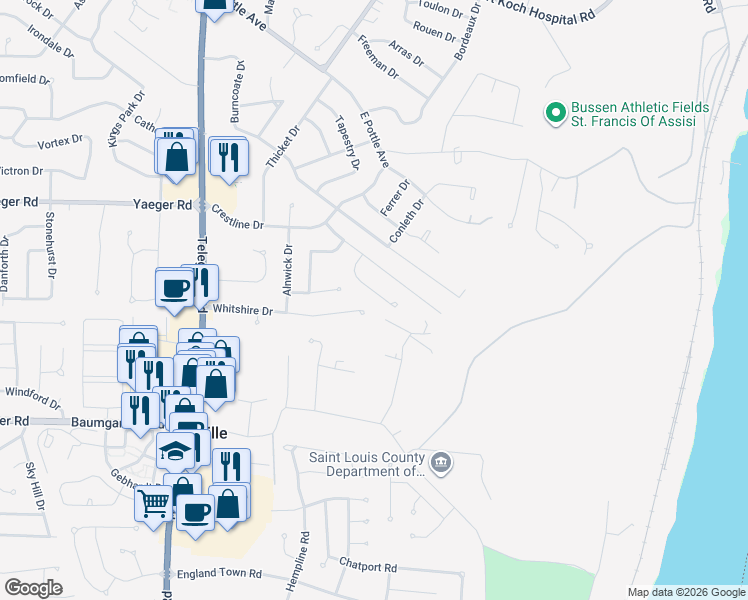 map of restaurants, bars, coffee shops, grocery stores, and more near 2251 Aileswood Court in St. Louis