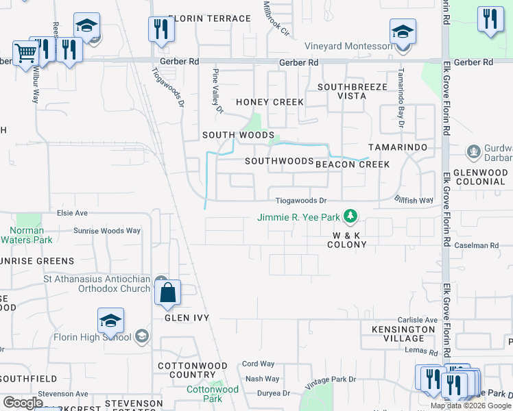 map of restaurants, bars, coffee shops, grocery stores, and more near 8643 Crystal River Way in Sacramento