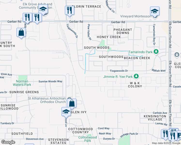 map of restaurants, bars, coffee shops, grocery stores, and more near 8604 Tiogawoods Drive in Sacramento