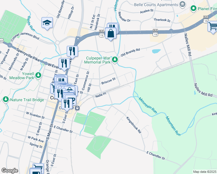 map of restaurants, bars, coffee shops, grocery stores, and more near 706 East Fairfax Street in Culpeper
