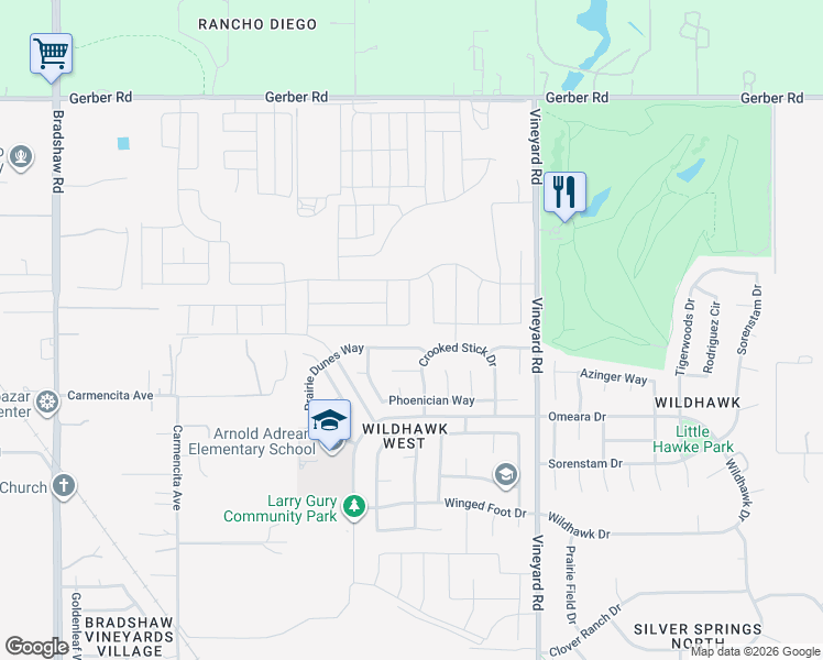 map of restaurants, bars, coffee shops, grocery stores, and more near 10045 Prairie Dunes Way in Sacramento