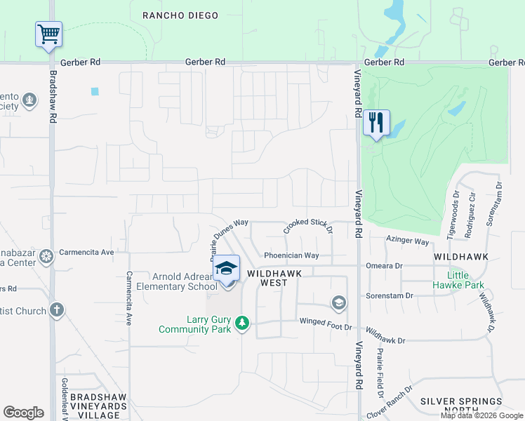 map of restaurants, bars, coffee shops, grocery stores, and more near 10045 Prairie Dunes Way in Sacramento