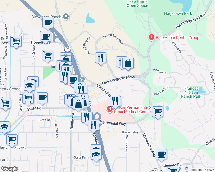 map of restaurants, bars, coffee shops, grocery stores, and more near in Santa Rosa